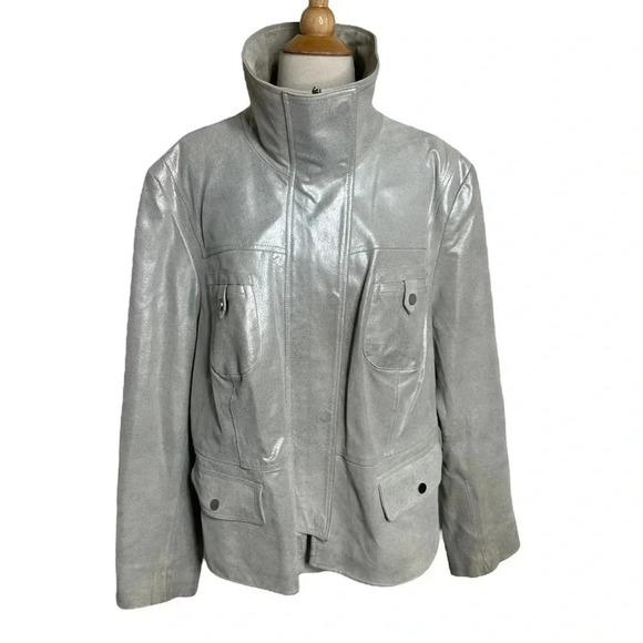 Bradley Bayou Metallic Silver leather moto biker with 4 front pockets size 2X - Picture 6 of 7